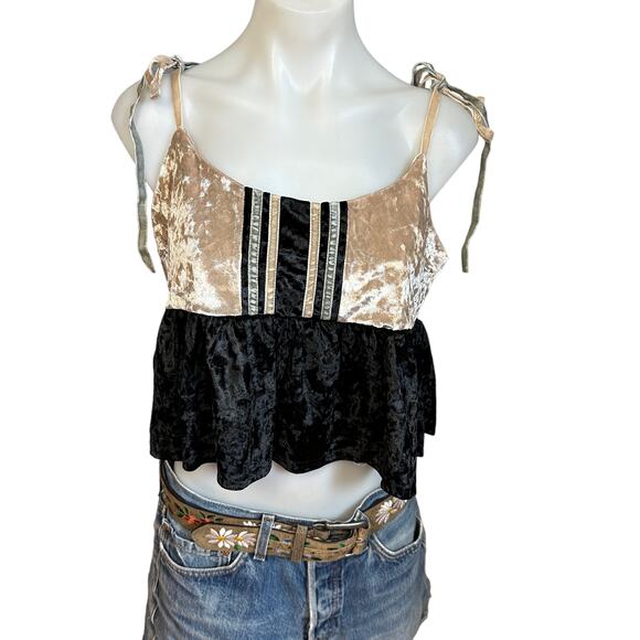 Black Velvet Babydoll Crop Top SMALL Ruffle Camisole Coquette Cottage Cami NEW - Picture 4 of 8